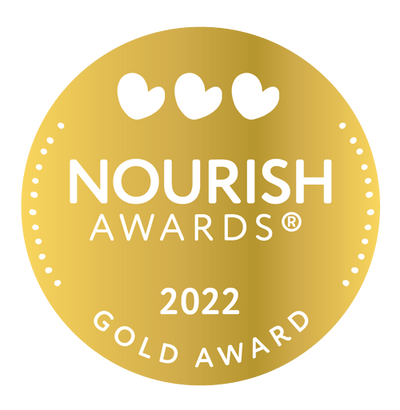 Gold award winner badge for vegan chocolate buttons- Nourish Awards 2022