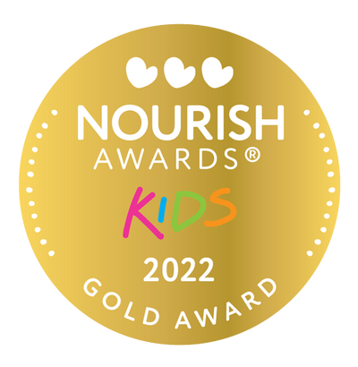 Gold award winner badge for vegan chocolate buttons- Nourish Awards Kids 2022