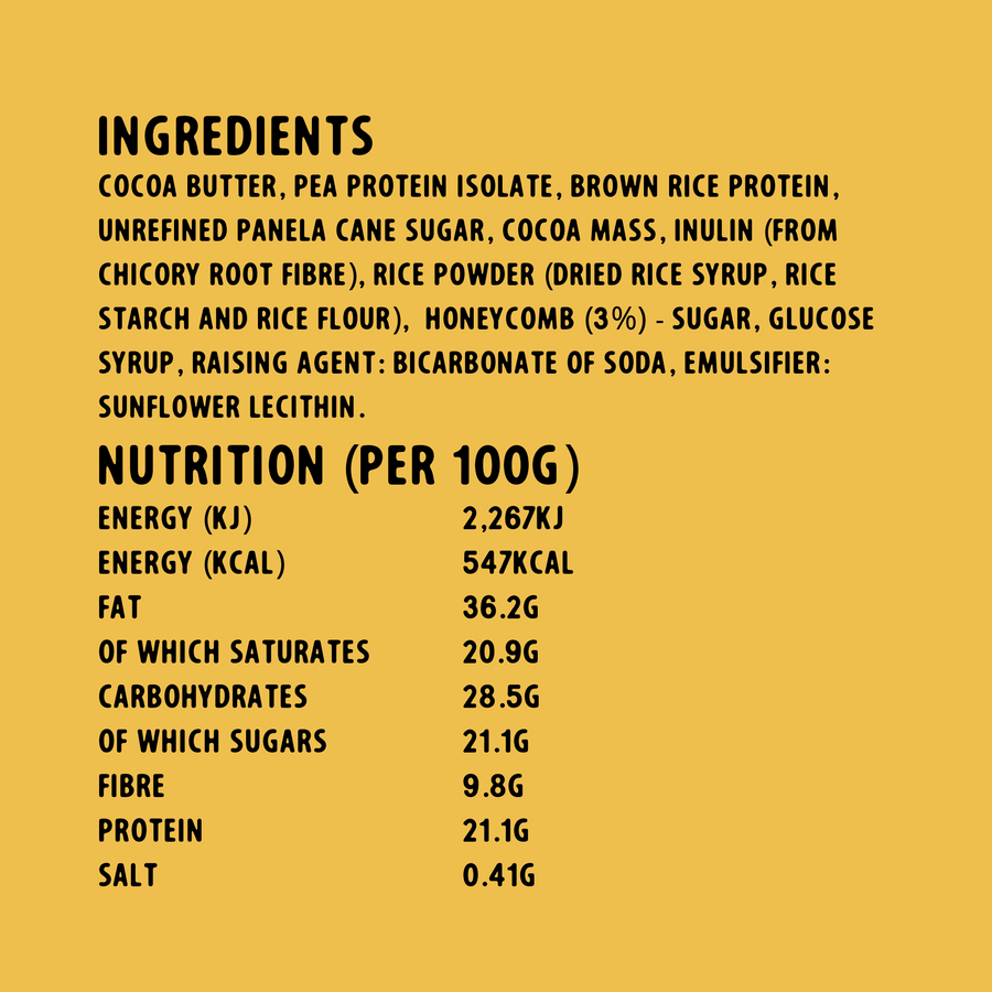 Graphic of honeycomb dairy free chocolate buttons ingredients and nutririon